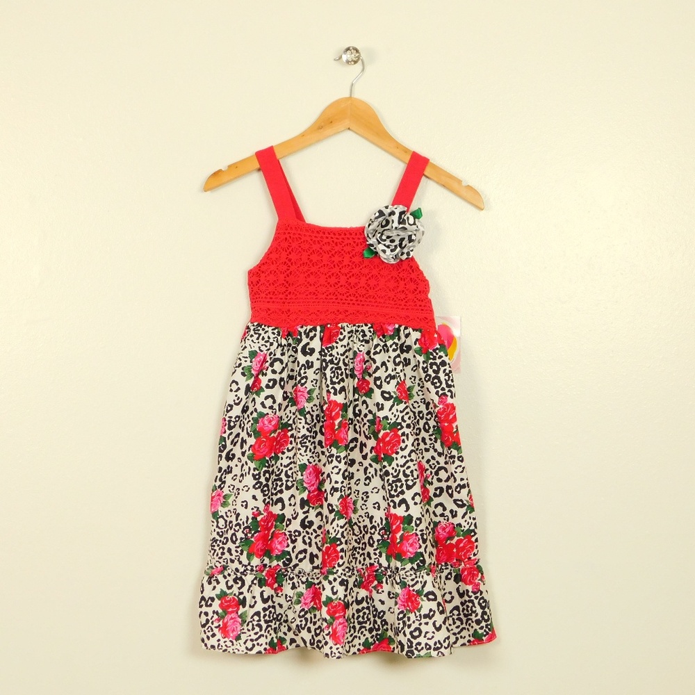 Youngland Girls size 10 Sun Dress Crochet Animal FloralRed Black